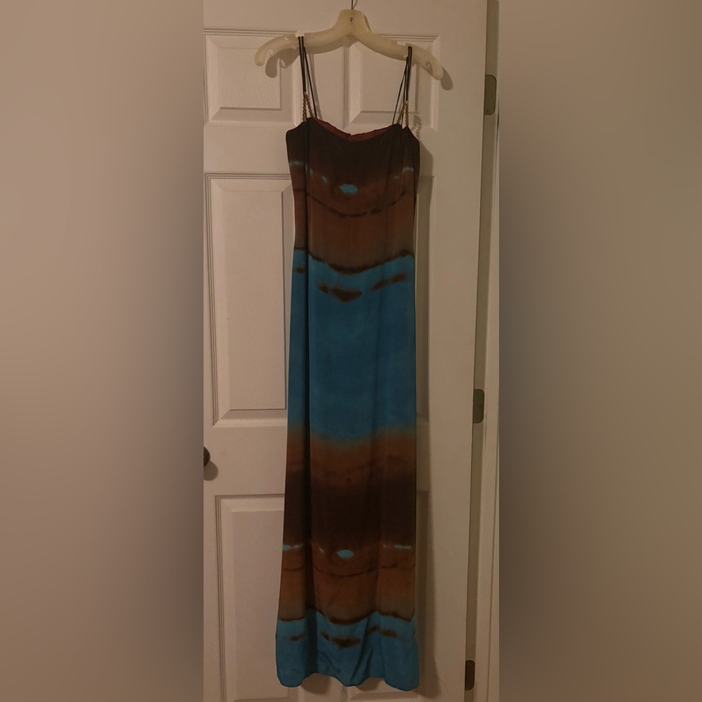 Elegant Blue and Brown Maxi Dress